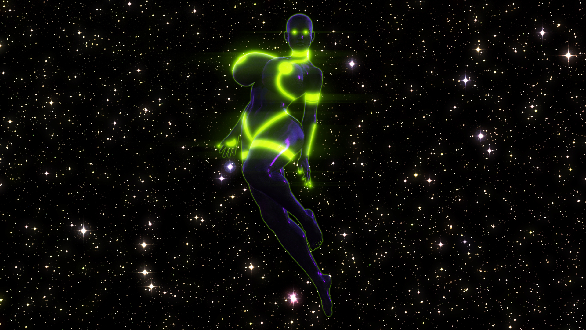 Reina Delta floats in space, with an inscrutable expression on her face.  She is a gynoid, with shiny metallic purple skin and no clothes or hair.  Her body is adorned with stripes of green-glowing energy--effectively gaps in her form, revealing the pure energy within.  Her pose indicates a cold confidence--she is fully aware of the unfathomable power at her command.  The question is, what does she intend to do with it?